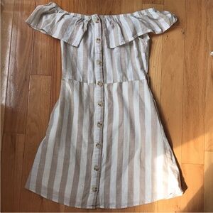 Altar’d state beige and white striped dress with buttons and tie waist